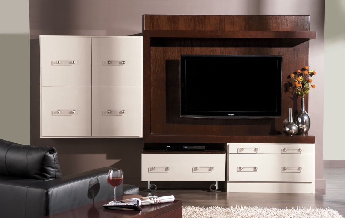 Contemporary Style media unit with warm wood and creamy white cabinetry.