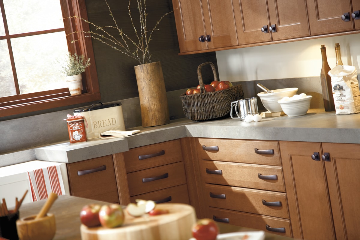 Warm wood cabinets in a neutral tone