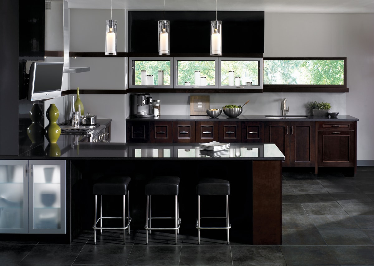Dark Contemporary style kitchen with dark wood cabinetry.