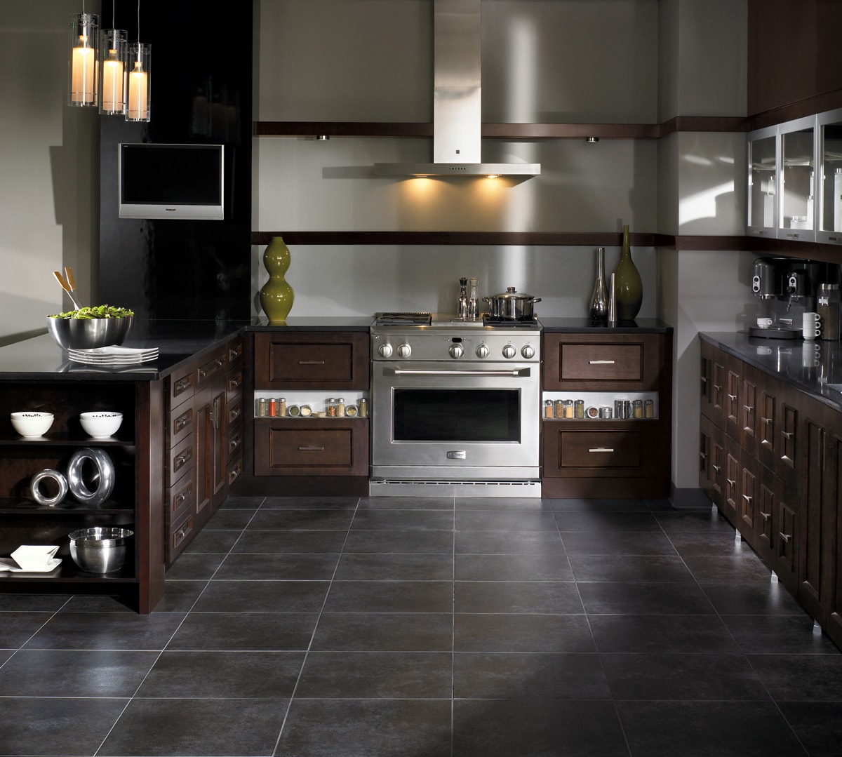 Brown Contemporary-style kitchen with open shelving beside the stove containing spices.